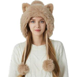 Women Khaki Solid Winter Peruvian Cover Ears Beanie Hat Ear Flaps Sherpa Snow